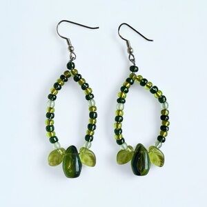 Handmade Glass Leaf Earrings Silver Tone Vintage Dangle Earrings Boho Jewelry